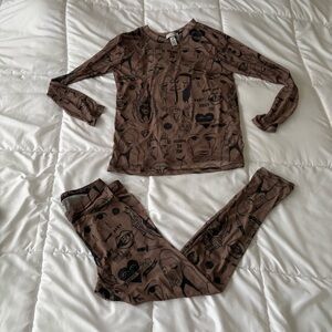 Patrick Church Tattoo Print Mesh Set Brown Graphic Top Leggings Medium